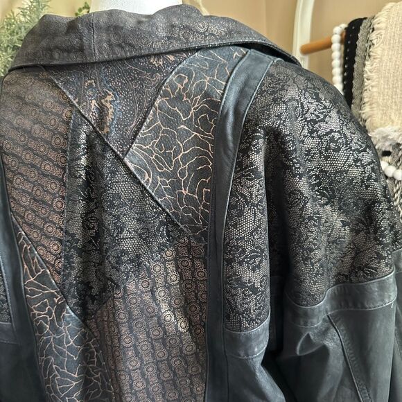 Vintage Black Bomber Leather Jacket Mixed Print Size Large - Picture 8 of 16